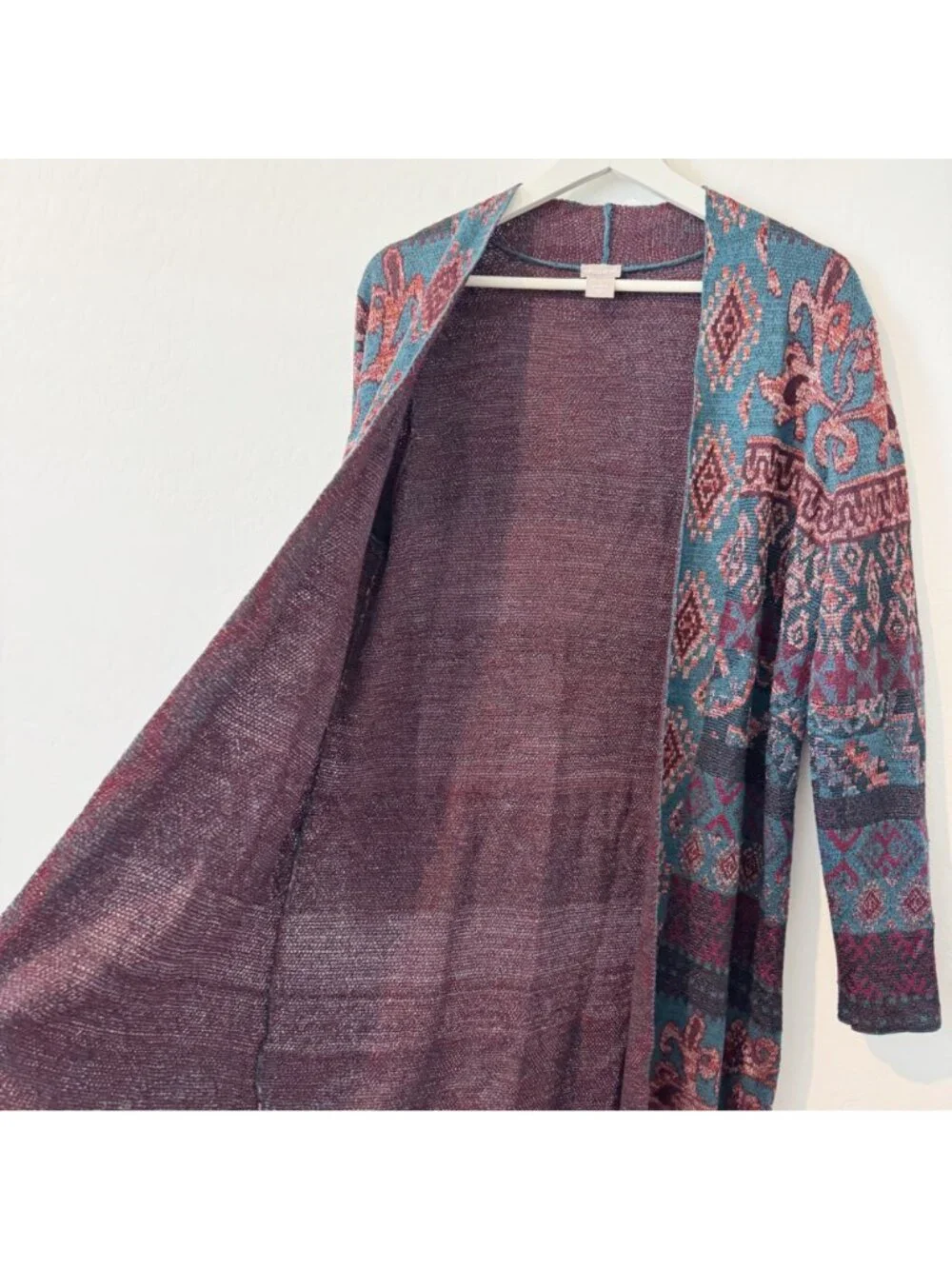 Chico’s Tapestry Jacquard Knit Duster Open‎ Front Cardigan Sweater Boho Medium